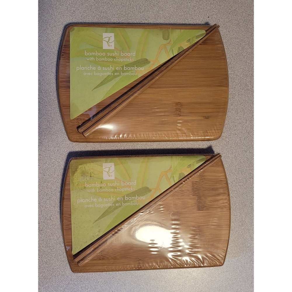 Set of 2 Bamboo Sushi Boards w/ Chopsticks Serving Trays NEW Sealed